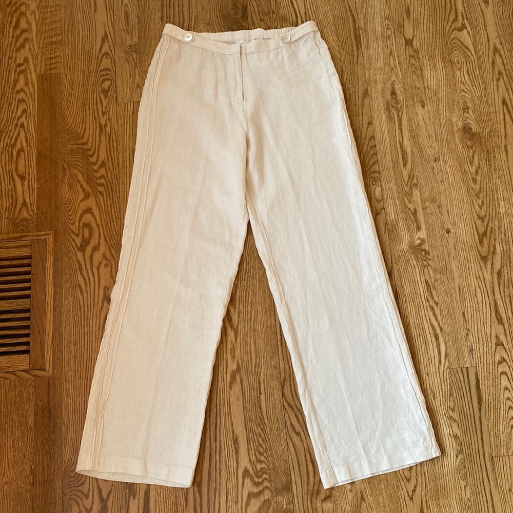 100% linen white wash straight leg tuxedo style pant lightweight quiet luxury